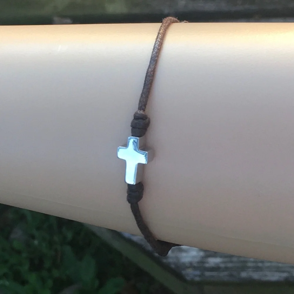 TOUS Brown Cord Bracelet with Stainless Steel Silver Cross Charm, Men Accessory